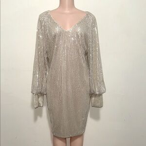 SHEIN woman ivory cream  silver sequined XL long sleeve dress